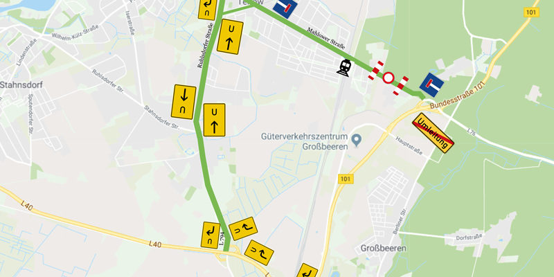 Die Mahlower Straße (K 6960) in Teltow wird zwischen dem 23. und dem 27. Juli voll gesperrt. Die Umleitung ist möglich über die B101 und die L40.