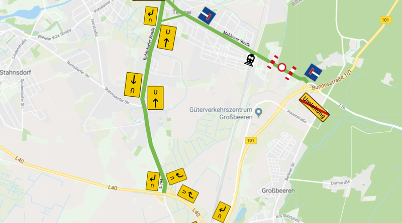 Die Mahlower Straße (K 6960) in Teltow wird zwischen dem 23. und dem 27. Juli voll gesperrt. Die Umleitung ist möglich über die B101 und die L40.