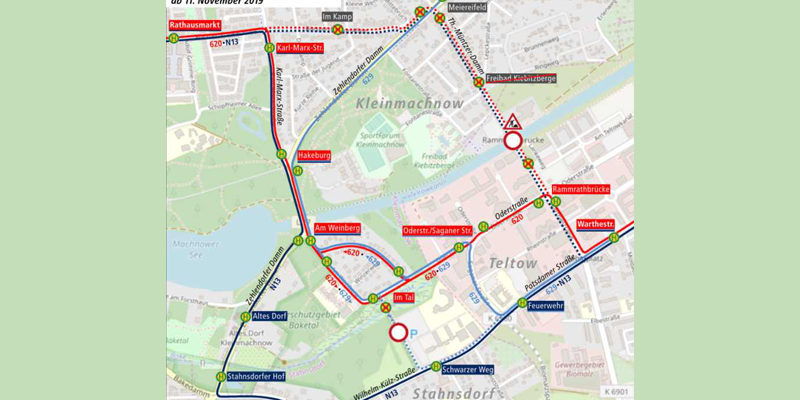 Mit Beginn der Bauarbeiten für den Neubau der Rammrathbrücke zwischen Teltow und Kleinmachnow sowie der damit verbundenen Sperrung des Schwarzen Wegs in Kleinmachnow werden die Linien 620, 629 und N13 ab Montag, 11. November, bis auf Weiteres in beiden Fahrtrichtungen zwischen den Haltestellen Teltow, Warthestr. und Kleinmachnow, Rathausmarkt (620, N13) bzw. Im Tal (629) umgeleitet.