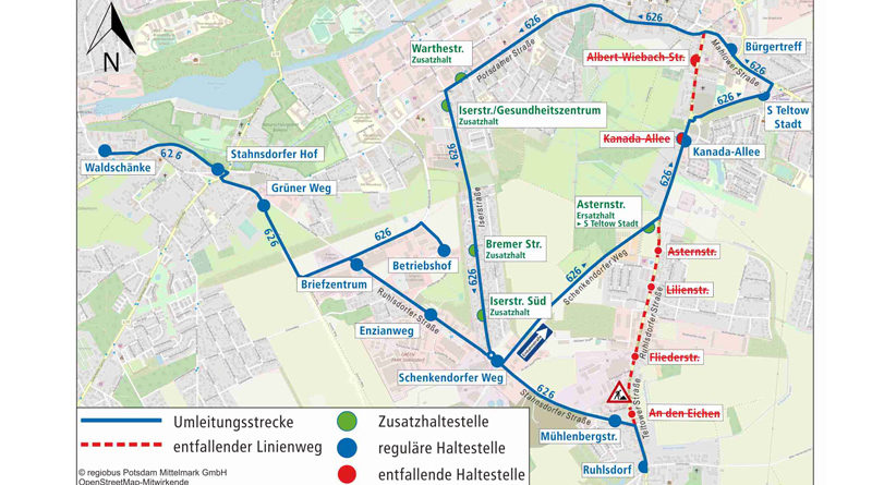 Die Baumfällarbeiten im Teltower Ortsteil Ruhlsdorf werden wieder aufgenommen. Darum wird die Straße L 794 (Teltower Straße) im Abschnitt von der Stahnsdorfer Straße bis Teltomat vom 12. bis zum 29. Februar jeweils montags bis samstags von 08:30 bis 15:00 Uhr voll gesperrt.